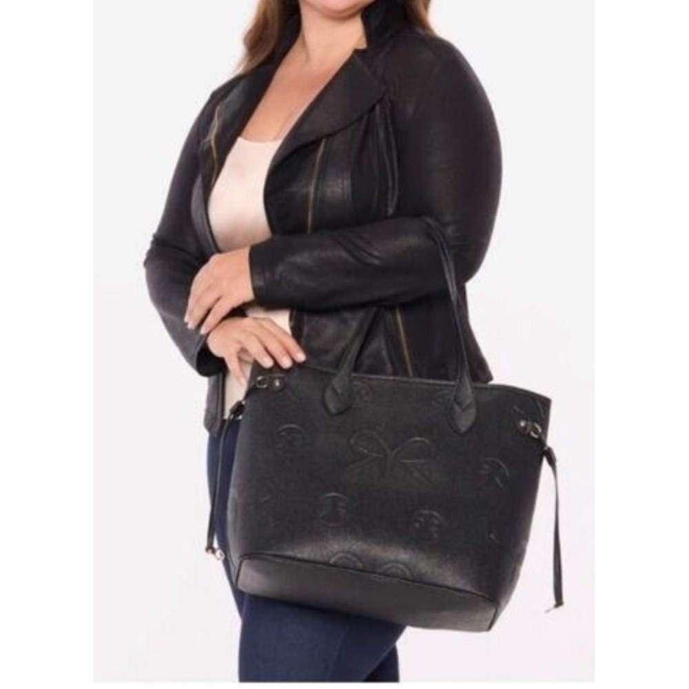 Ruby Ribbon Black Vegan Leather Debossed Logo Tote Bag NEW